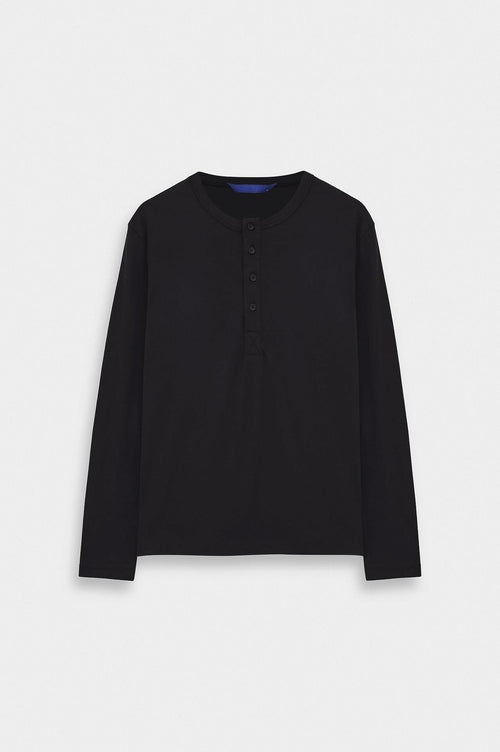 DAR CUT BUTTONED NECK LONG-SLEEVE BLACK T-SHIRT - 1