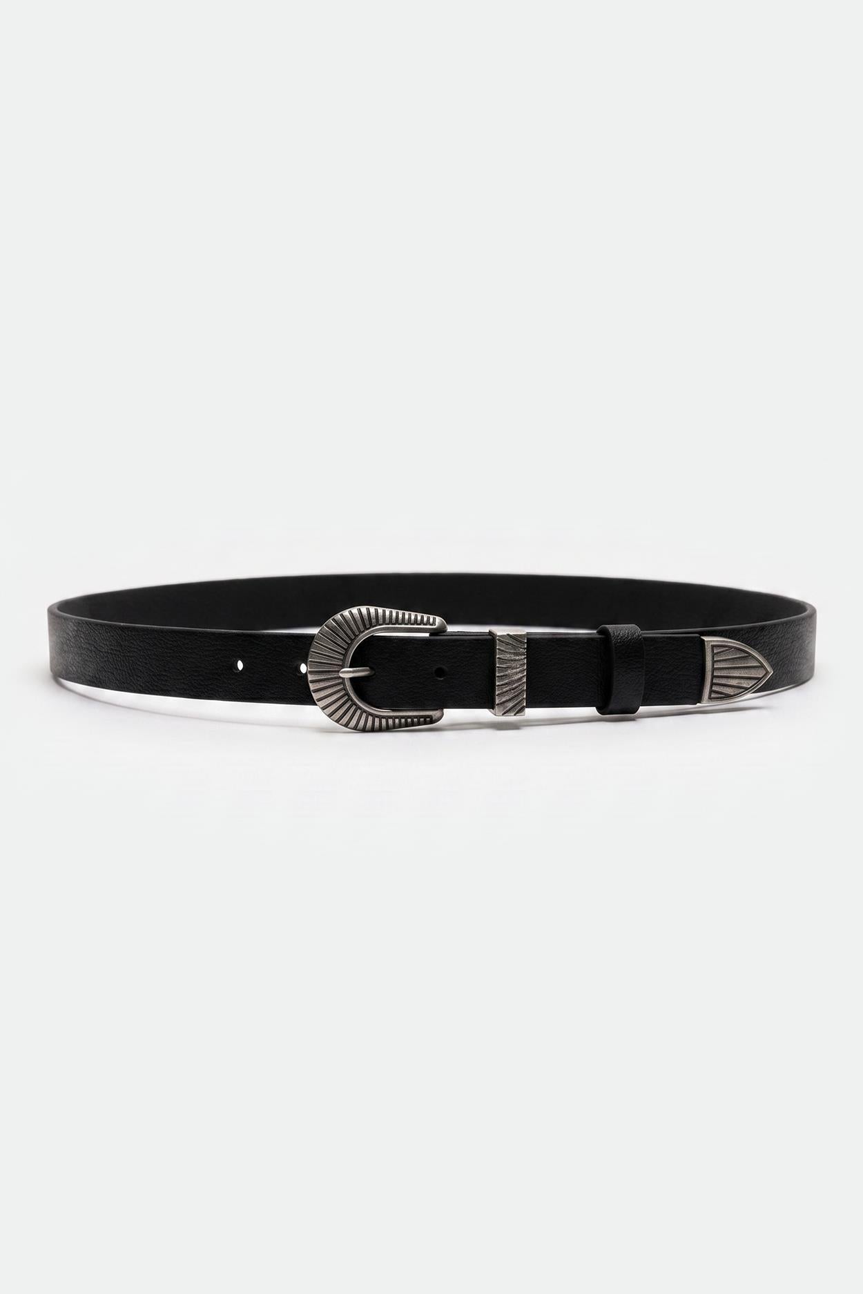 BLACK FAUX LEATHER BELT WITH DISTRESSED METAL BUCKLE AND TIP DETAIL