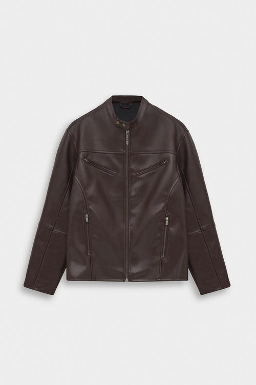ZIP-UP PANELLED BROWN LEATHER JACKET - 1