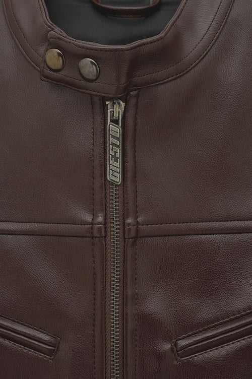 ZIP-UP PANELLED BROWN LEATHER JACKET - 2