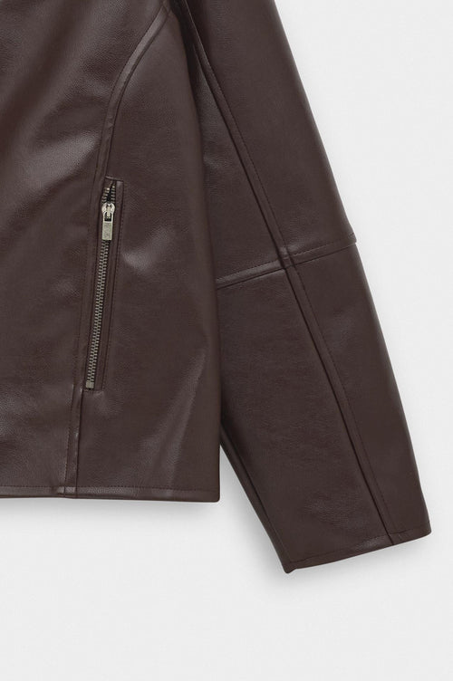 ZIP-UP PANELLED BROWN LEATHER JACKET - 3