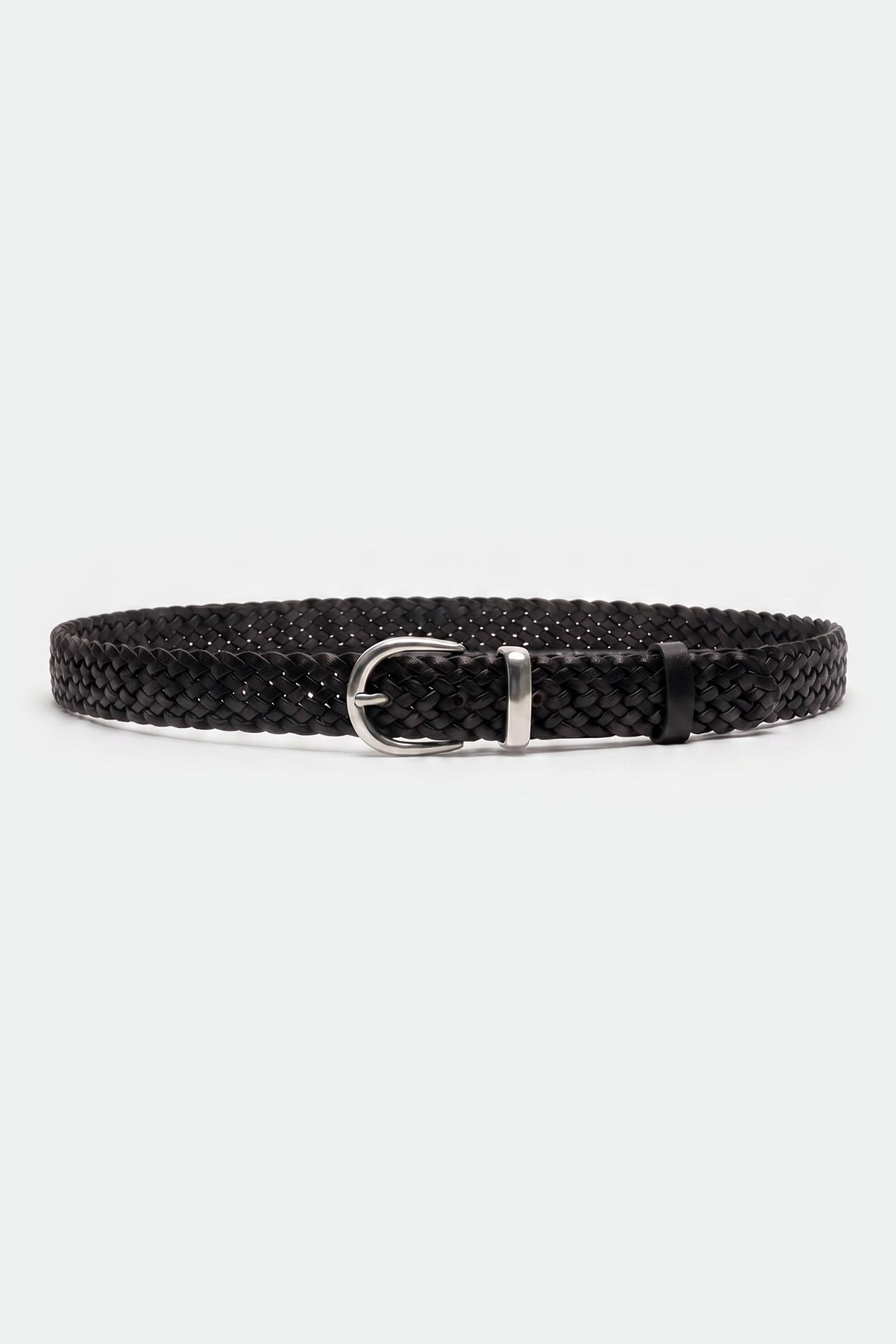 SILVER METAL BUCKLE WOVEN BLACK BELT