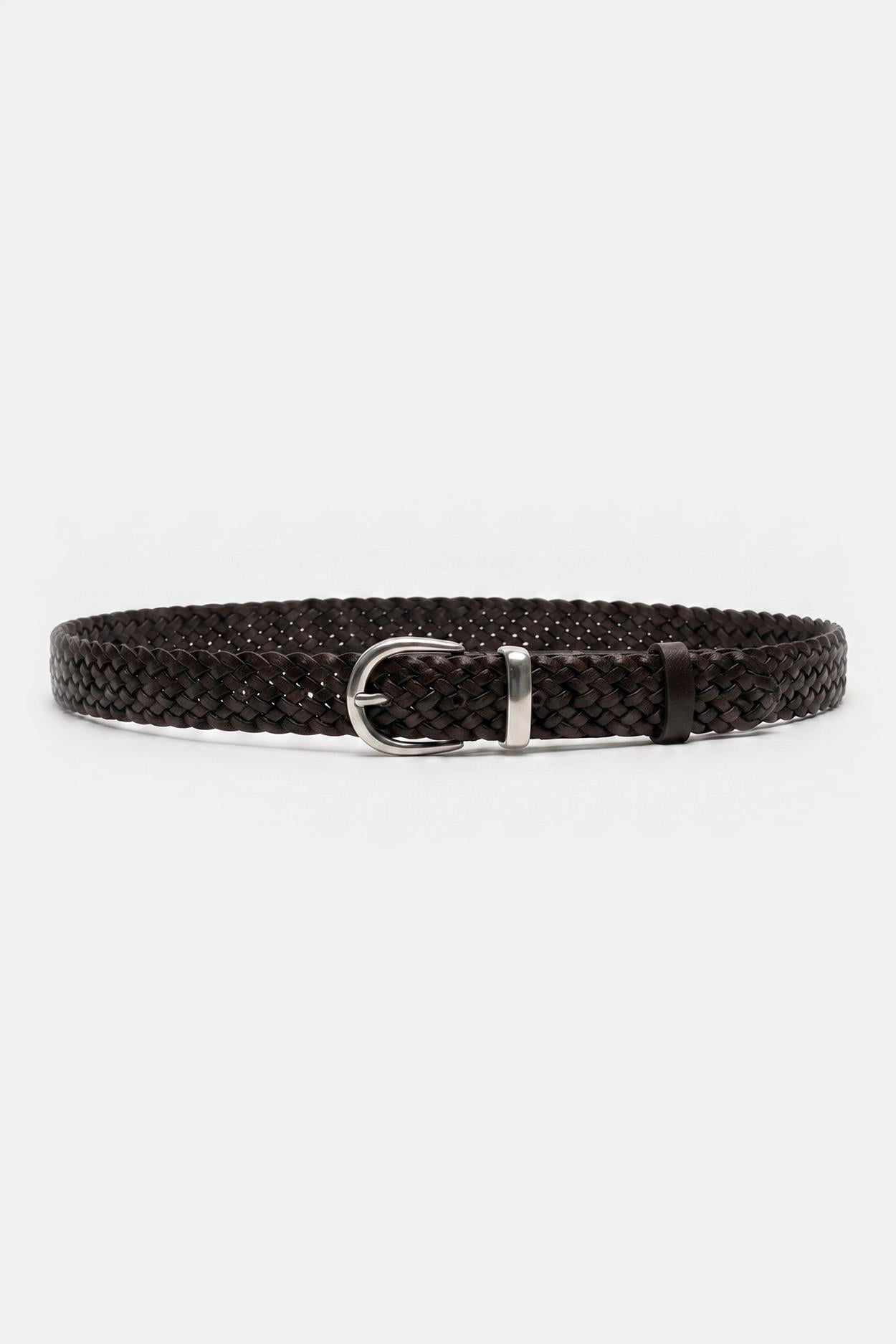 BROWN WOVEN-LOOK BELT WITH SILVER-TONE METAL BUCKLE