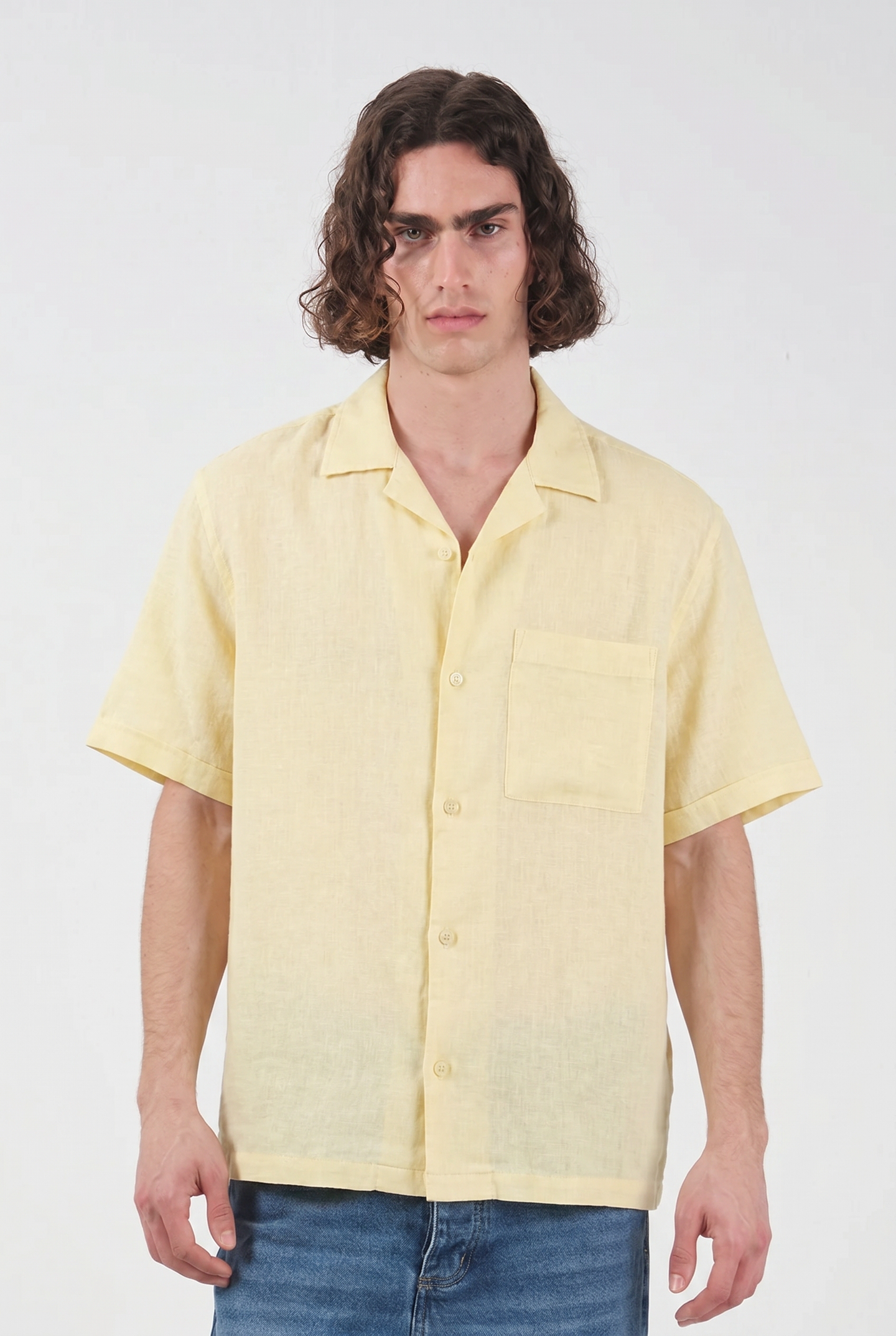 YELLOW LINEN SHORT SLEEVE SHIRT WITH POCKET