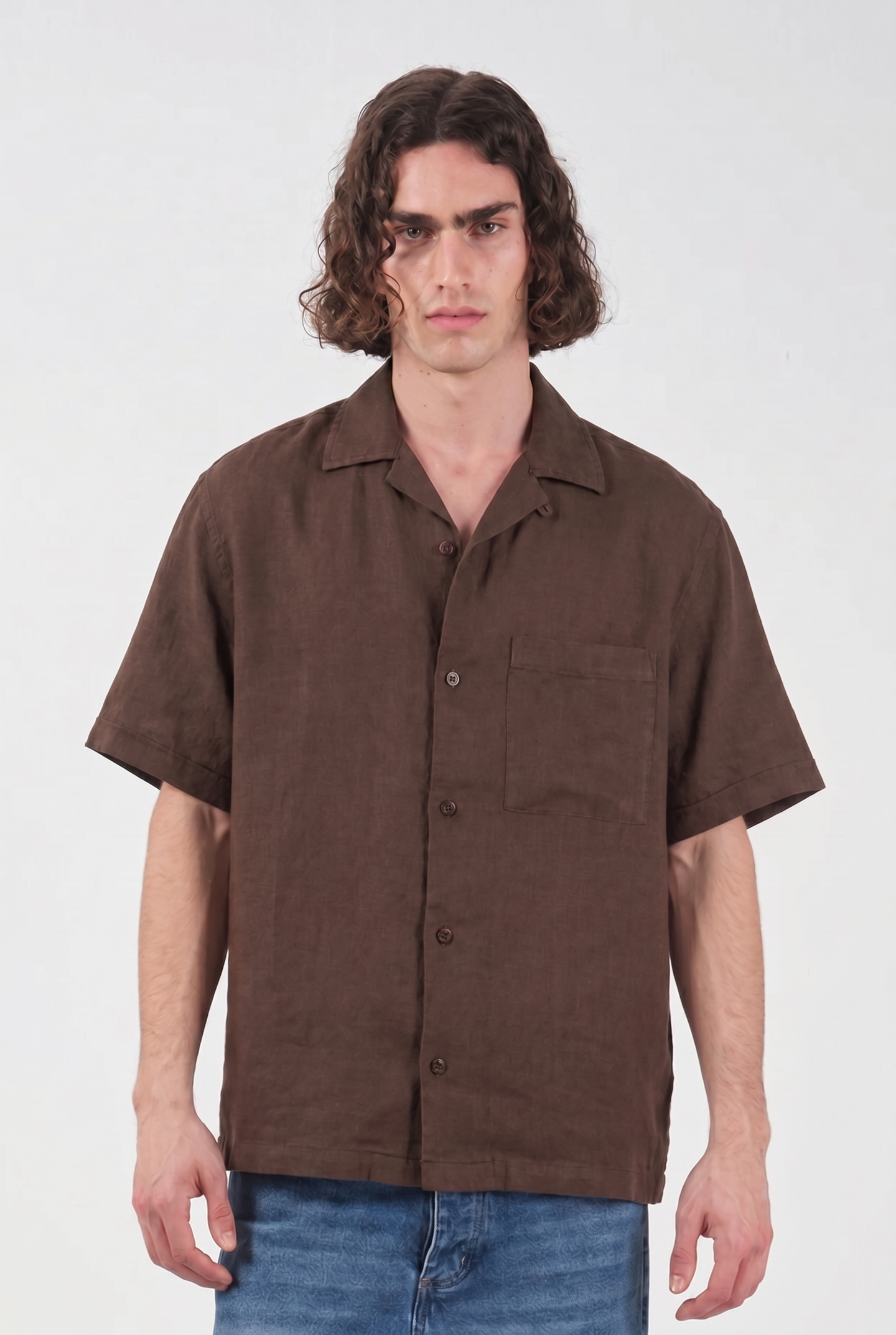 BROWN LINEN SHORT SLEEVE SHIRT WITH POCKET