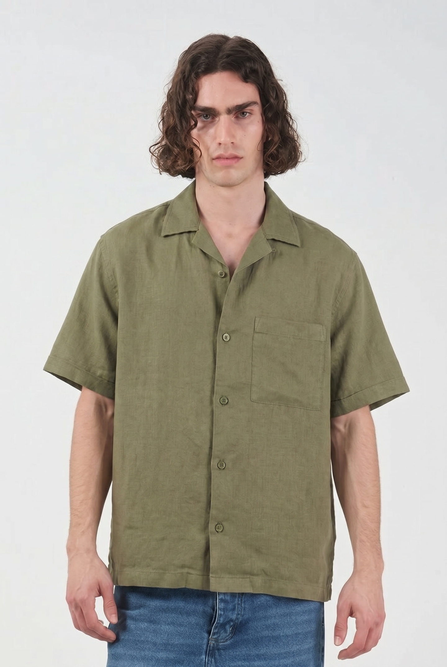 KHAKI LINEN SHORT-SLEEVED SHIRT WITH POCKET
