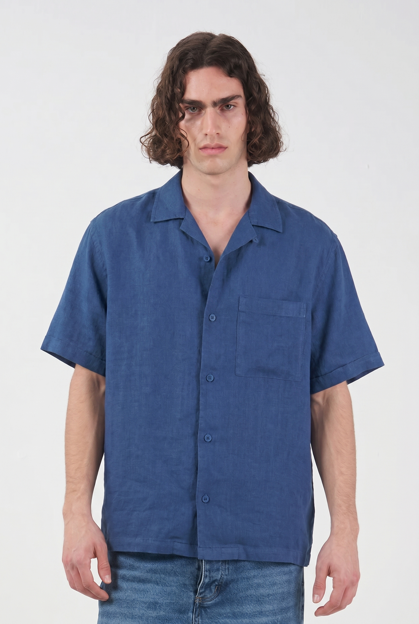 SHORT SLEEVE POCKET INDIGO LINEN SHIRT