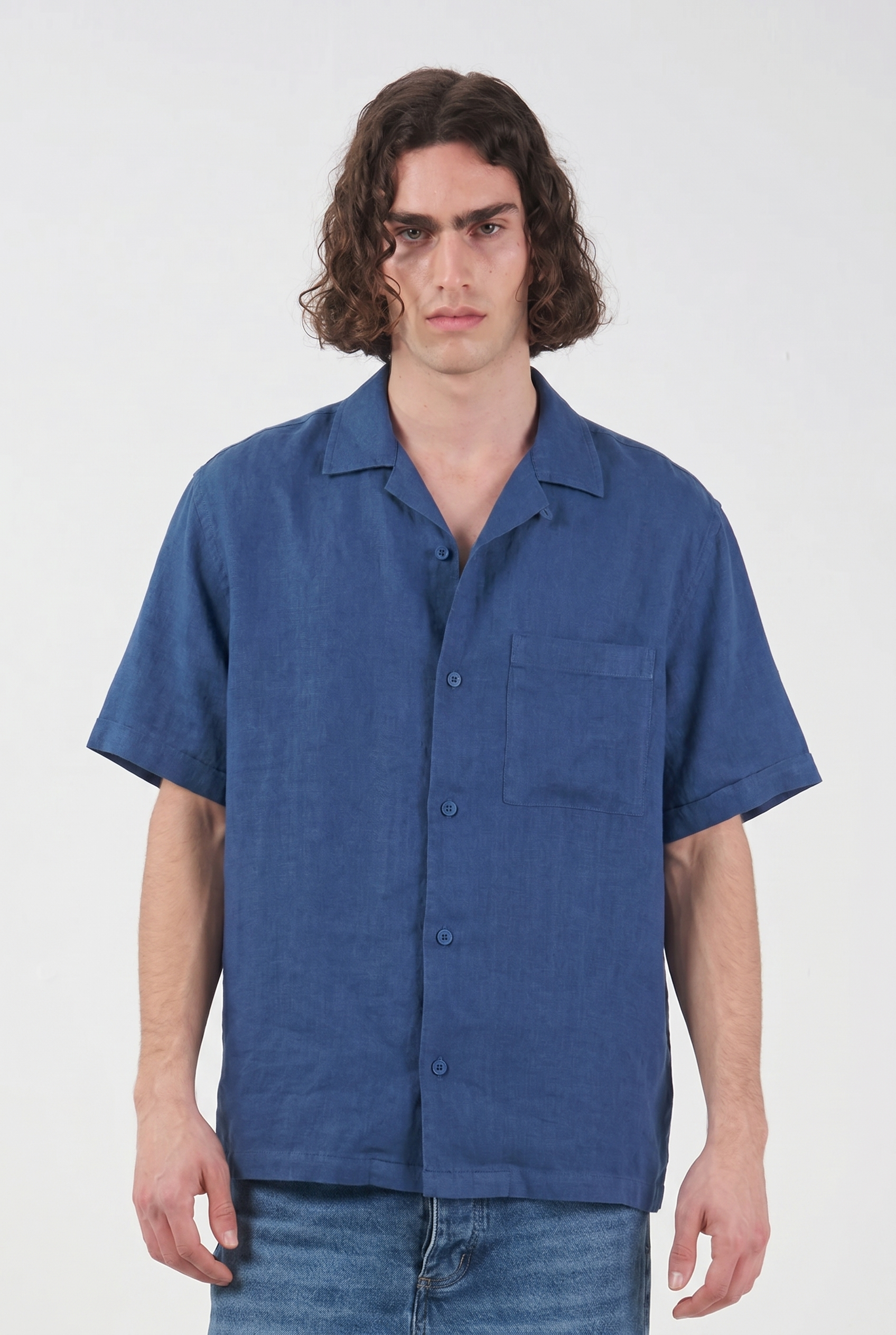 SHORT SLEEVE POCKET INDIGO LINEN SHIRT