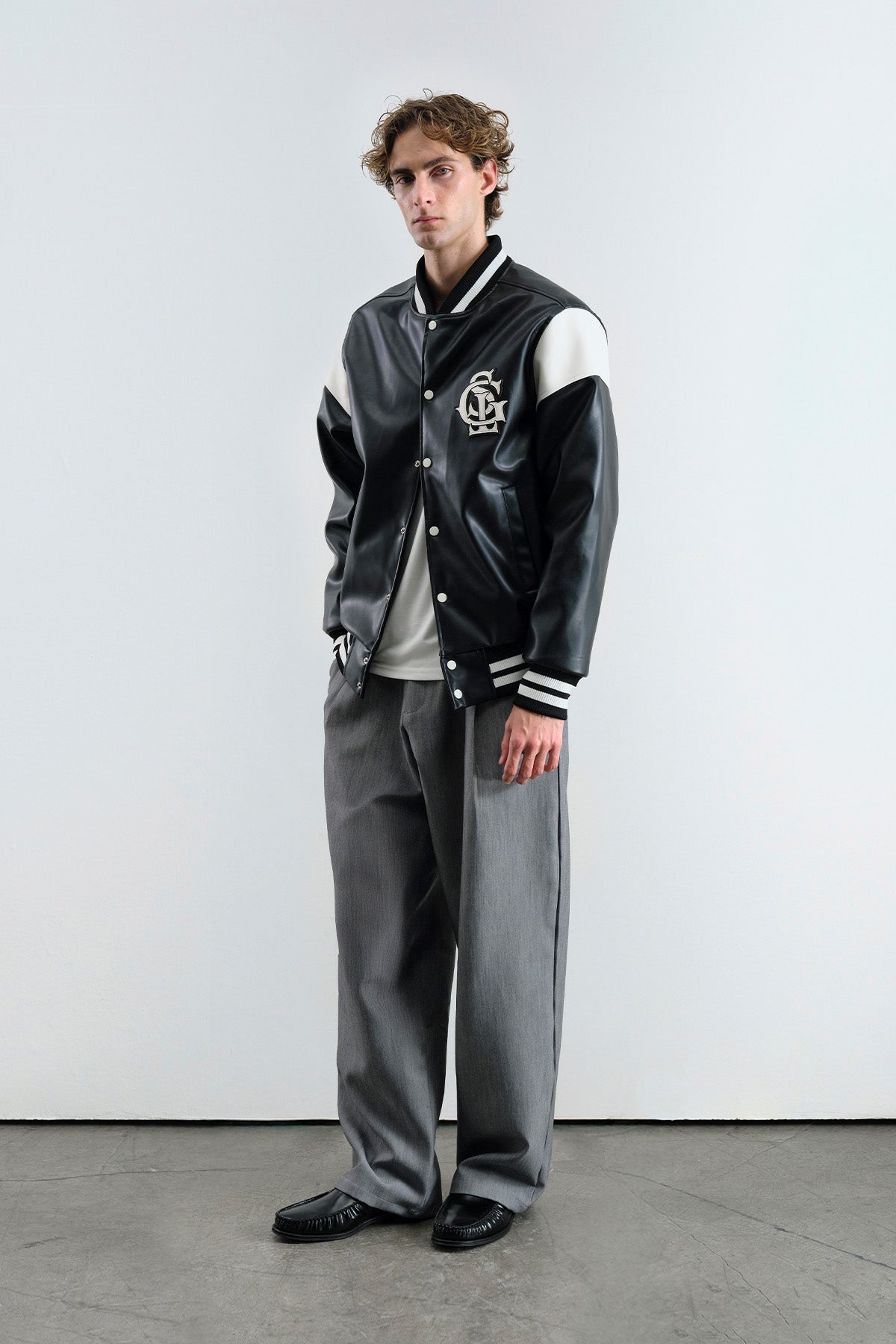 BLACK LEATHER VARSITY JACKET
