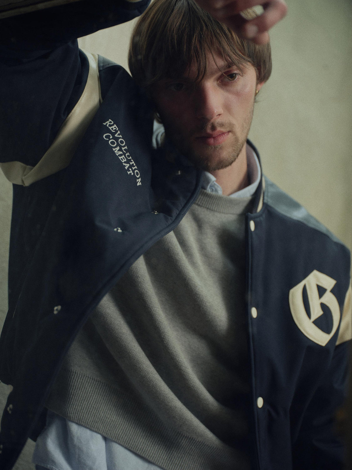 EMBROIDERED NAVY VARSITY JACKET - 1