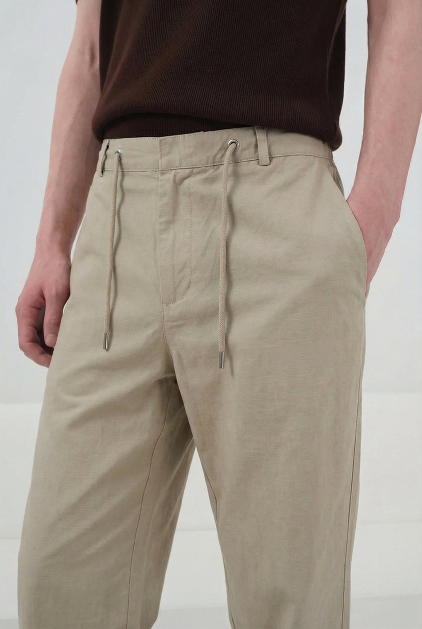 REGULAR FIT PRINTED BEIGE TENCEL TROUSERS