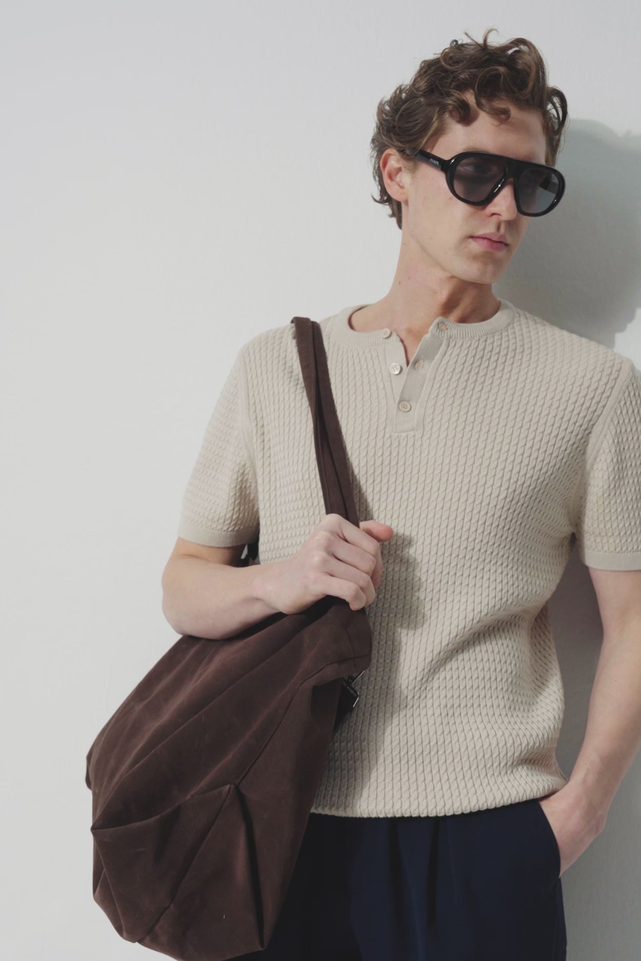 TEXTURED CREW NECK BEIGE KNITTED T-SHIRT