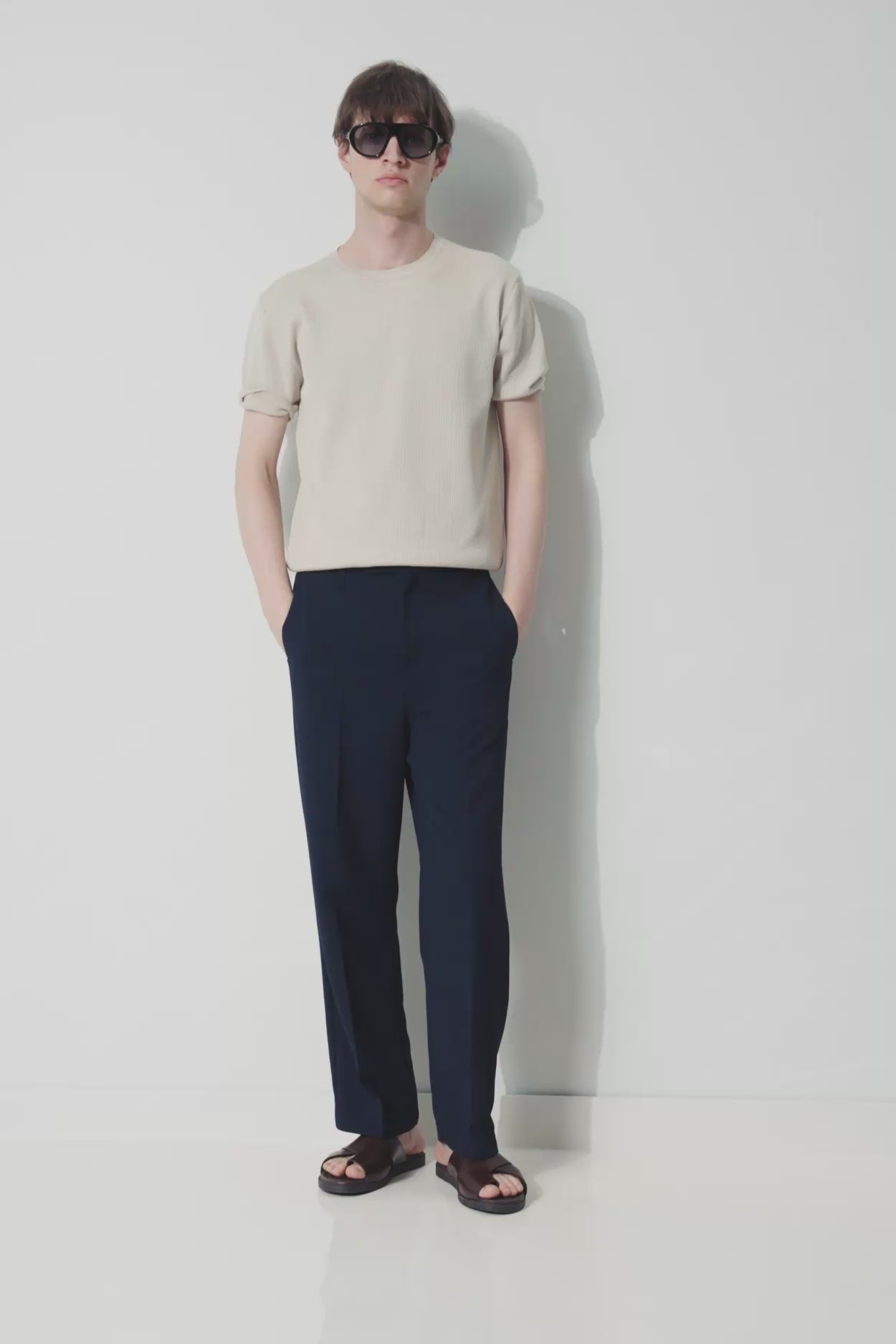 RIBBED TEXTURED BEIGE KNITTED T-SHIRT