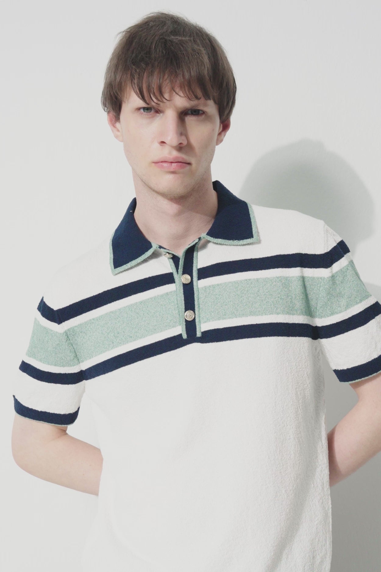 GREEN STRIPED POLO NECK KNITTED T-SHIRT WITH GOLD BUTTONS