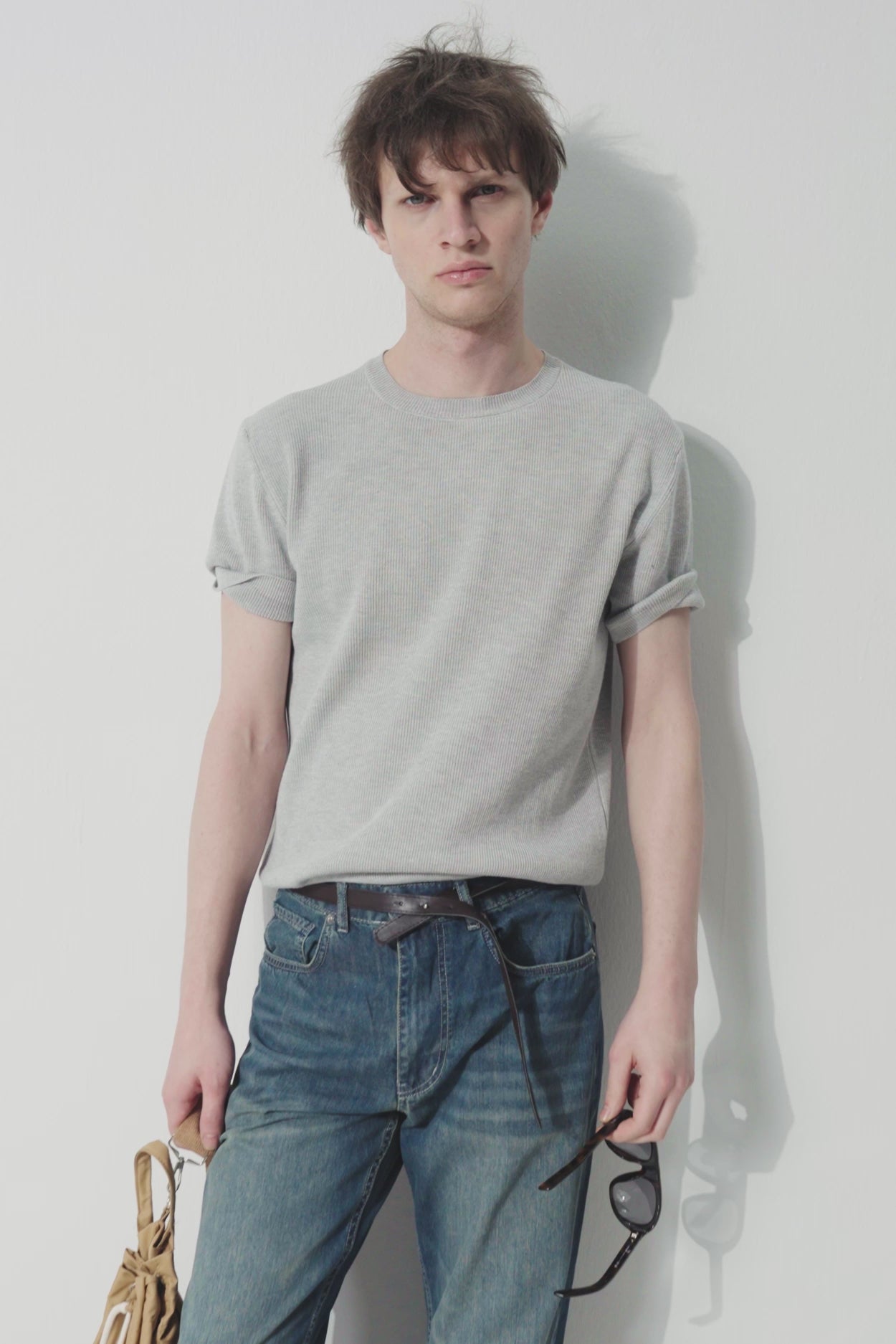 Ribbed Textured Grey Knitted T-Shirt