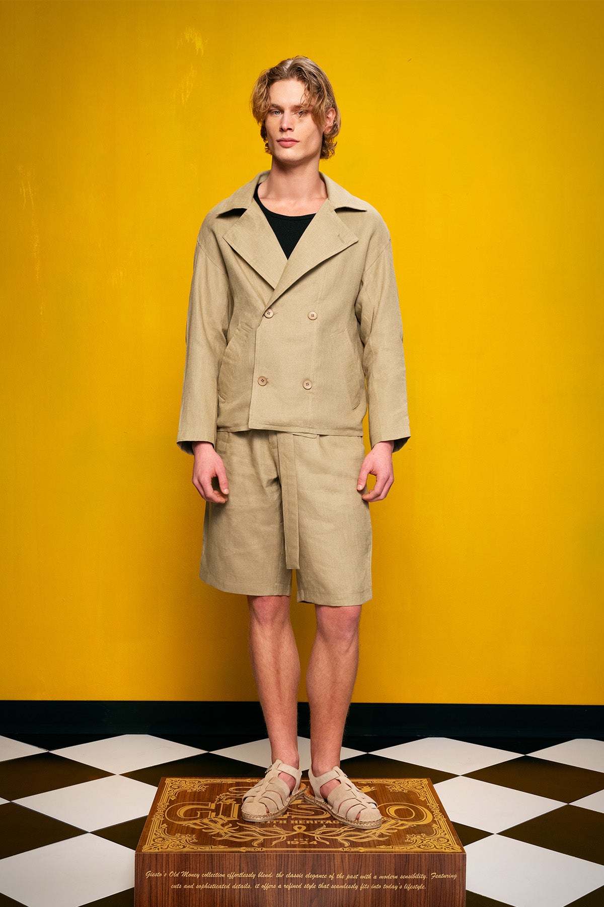 100% LINEN KHAKI DOUBLE-BREASTED JACKET