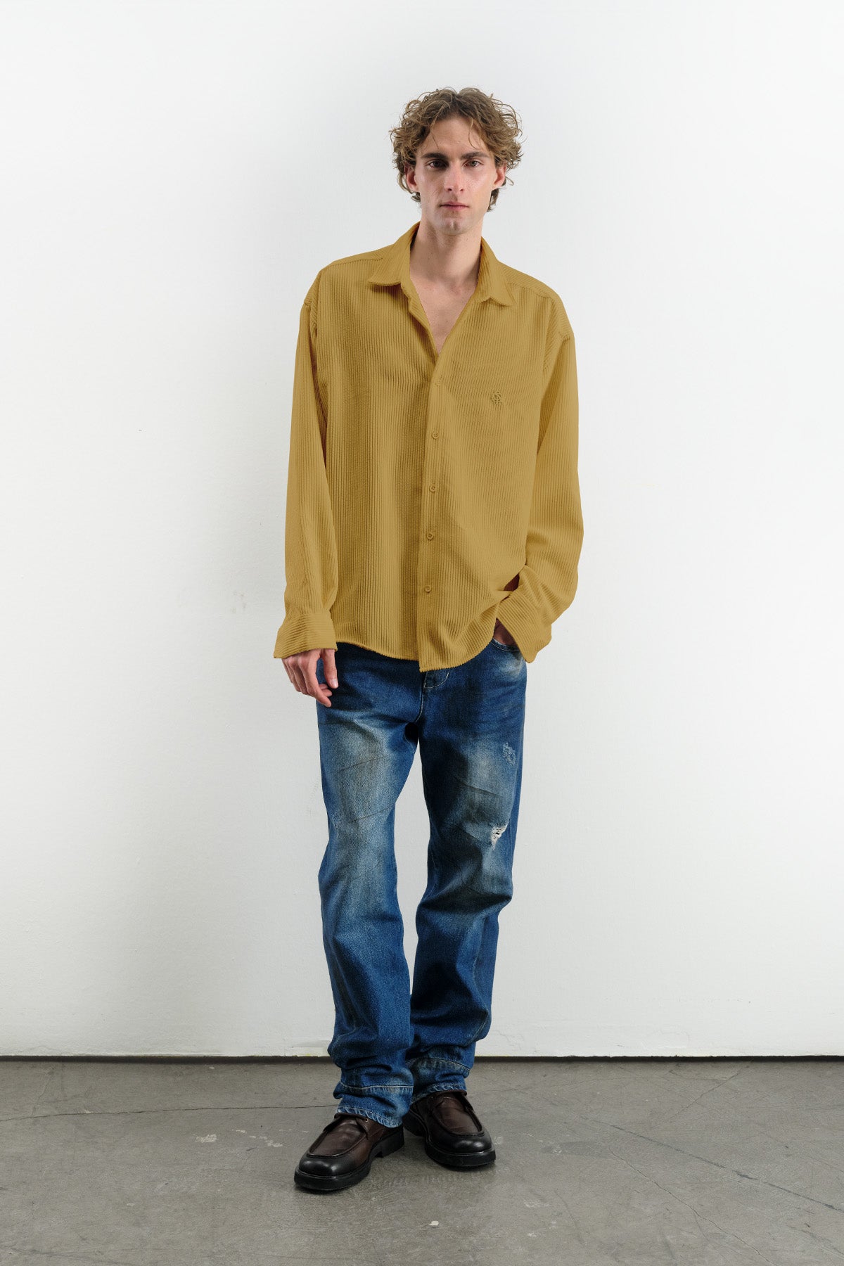 OVERSIZE DRAPED VELVET YELLOW SHIRT