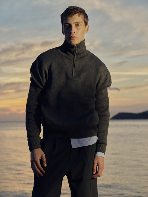 YARIM FERMUARLI BALIKÇI YAKA ANTRASİT TRİKO KAZAK - 5