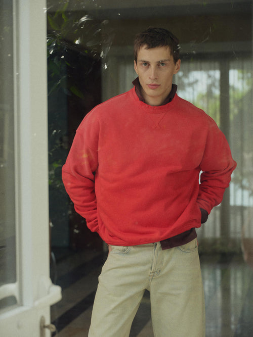 WASH EFFECT CREW NECK RED SWEATSHIRT - 1